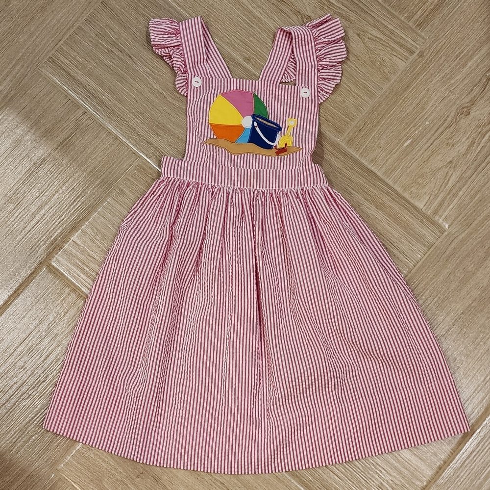 Petite Ami Pink And White Seersucker Beach Ball Sleeveless  Sundress